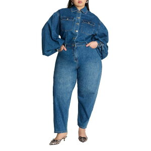 yz GNC fB[X s[X gbvX ELOQUII Women's Plus Size Barrel Leg Denim Jumpsuit Light Blue Wash
