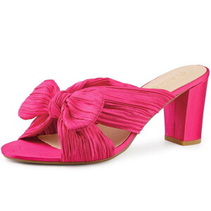 yz AO P[ fB[X pvX V[Y Women's Pleated Bow Heels Slip on Chunky Heel Slouches Slides Sandals Hot Pink