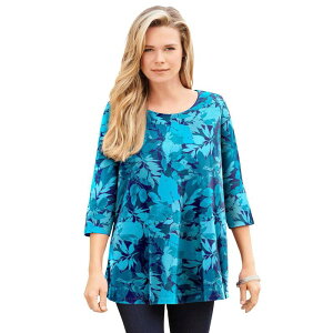 ���A�}���Y ���f�B�[�X �g�b�v�X T�V���c �v���X�T�C�Y Roaman's Women's Plusize Ultimate Three Quarter Sleeve Swing Tee Navy Layered Leaves �l�C�r�[