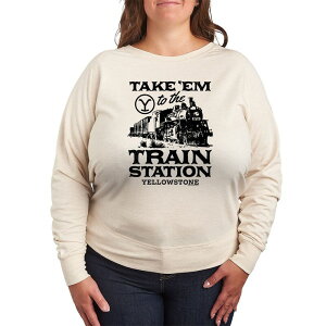 �A�j���L�����N�^�[ ���f�B�[�X �g�b�v�X T�V���c �v���X�T�C�Y �p�C�� Licensed Character Plusize Yellowstone Take 'Em To Train Station French Terry Long Sleeve Tee Beige �x�[�W��