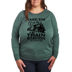 �A�j���L�����N�^�[ ���f�B�[�X �g�b�v�X T�V���c �v���X�T�C�Y �p�C�� Licensed Character Plusize Yellowstone Take 'Em To Train Station French Terry Long Sleeve Tee Heather Juniper �w�U�[