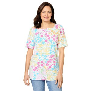 �E�[�}�� �E�B�Y�C�� ���f�B�[�X �g�b�v�X �V���c �v���X�T�C�Y �v�����g Woman Within Plusize Printed Perfect Square-Neck Tee White Multi Floral �z���C�g
