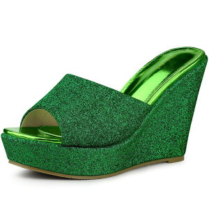 yz AO P[ fB[X T_ V[Y Women's Glitter Platform Slip on Wedge Heels Sandals Green