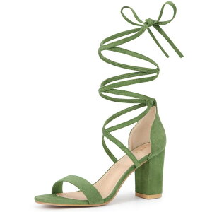 �A���O�� �P�[ ���f�B�[�X �V���[�Y �p���v�X �T���_�� ���[�X �q�[�� ALLEGRA K Women'strappy Lace Up Heel Chunky Higheelsandals Olive Green �O���[��