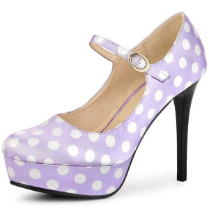 yz AO P[ fB[X pvX V[Y Women's Platform Mary Janes Polka Dots Round Toe Stiletto High Heel Pumps Purple