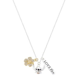 yz fBYj[ fB[X lbNXE`[J[Ey_ggbv ANZT[ Disney's Lilo & Stitch Love More Bar & Hibiscus Flower & Stitch Charm Pendant Necklace Tri Tone