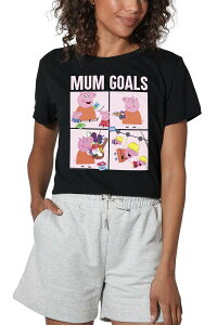 �A�j���L�����N�^�[ ���f�B�[�X �g�b�v�X T�V���c Licensed Character Women's Peppa Pig Mummy Pig Mum Goals Crop Tee Black �u���b�N