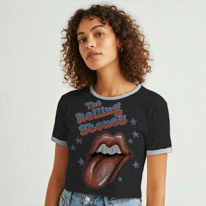 �A���u�����f�b�h ���f�B�[�X �g�b�v�X T�V���c �O���t�B�b�N Unbranded Juniors' The Rolling Stones Tongue Out Graphic Ringer Baby Tee Caviar White �z���C�g