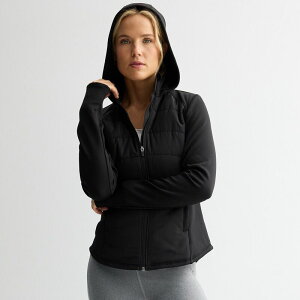 Tek Gear ���f�B�[�X �A�E�^�[ �W���P�b�g�E�u���]�� Women's Tek Gear Hooded Mixed-Media Jacket Mineral Black �u���b�N