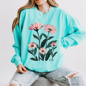 Simply Sage Market ���f�B�[�X �g�b�v�X T�V���c �X�E�F�b�g Simply Sage Market Pink Daisies Watercolor Lightweight Garment Dyed Sweatshirt Chalky Mint �~���g