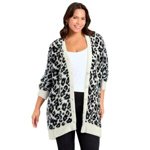 �A�x�j���[ ���f�B�[�X �A�E�^�[ �j�b�g�E�Z�[�^�[ �v���X�T�C�Y �J�[�f�B�K�� Avenue Women's Plusize Button Front Cozy Cardigan Ivory Snow Leopard �A�C�{���[