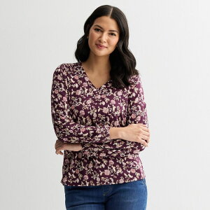 �N���t�g���o���[ ���f�B�[�X �g�b�v�X T�V���c �V���[�����O �u���E�X Women's Croft & Barrow Smocked Henley Blouse Berry Vine Floral