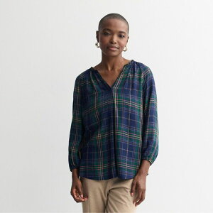 yz Ntgo[ fB[X Vc gbvX Women's Croft & Barrow Split Neck Drapey Blouse Green Hertiage Plaid