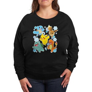�A�j���L�����N�^�[ ���f�B�[�X �g�b�v�X T�V���c �v���X�T�C�Y �p�C�� �O���t�B�b�N Licensed Character Plusize Pokemon Winter Stickers French Terry Long Sleeve Graphic Tee Black �u���b�N