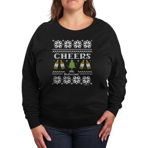 �A�j���L�����N�^�[ ���f�B�[�X �g�b�v�X T�V���c �v���X�T�C�Y �p�C�� �O���t�B�b�N Licensed Character Plusize Budweiser Cheers Ugly Christmas French Terry Long Sleeve Graphic Tee Black �u���b�N