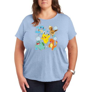 �A�j���L�����N�^�[ ���f�B�[�X �g�b�v�X T�V���c �v���X�T�C�Y �O���t�B�b�N Licensed Character Plusize Pokemon Winter Stickershort Sleeve Graphic Tee Heather Chambray Blue �w�U�[