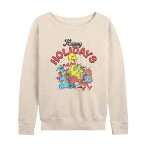�A�j���L�����N�^�[ ���f�B�[�X �g�b�v�X T�V���c �p�C�� �O���t�B�b�N Licensed Character Women'sesame Street Happy Holidays French Terry Long Sleeve Graphic Tee Birch