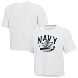 �A���_�[�A�[�}�[ ���f�B�[�X �g�b�v�X T�V���c �N���b�v�h Women's Under Armour White Navy Midshipmen Essentials Icon Ultra-Softri-Blend Boxy Cropped T-Shirt Nvy White �z���C�g