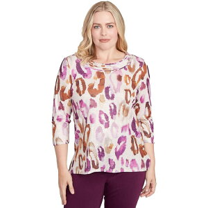 �A���t���b�h �_�i�[ ���f�B�[�X �g�b�v�X T�V���c �v�` Petite Alfredunner Dramatic Animal Three-Quarter Sleeve Top Oatmeal Multi �I�[�g�~�[��
