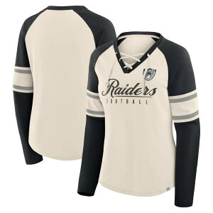 �t�@�i�e�B�N�X ���f�B�[�X �g�b�v�X T�V���c V�l�b�N ���[�X Women's Fanatics Cream/Black Las Vegas Raiders Hometown Gridiron Hero Raglan Lace-Up V-Neck Long Sleeve T-Shirt Lvr Beige �x�[�W��