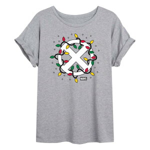 }[x fB[X gbvX TVc S Juniors' Marvel X-Men Logo Christmas Lights Oversized Tee Heather Gray O[