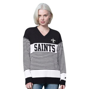 �X�^�[�^�[ ���f�B�[�X �A�E�^�[ �j�b�g�E�Z�[�^�[ V�l�b�N Women'starter Black New Orleansaints No Huddle Striped V-Neck Sweater Snt Black �u���b�N