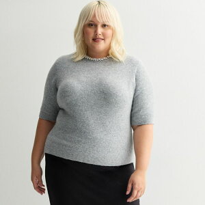 �i�C���E�F�X�g ���f�B�[�X �A�E�^�[ �j�b�g�E�Z�[�^�[ �v���X�T�C�Y Plusize Nine West Jewel Neck Short Sleeve Sweater Dark Metal Heather �w�U�[