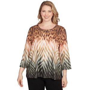 �A���t���b�h �_�i�[ ���f�B�[�X �g�b�v�X T�V���c �v���X�T�C�Y Plusize Alfredunner Ombre Animal Skin Three Quarter Sleeve Top Black �u���b�N