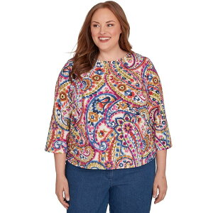 �A���t���b�h �_�i�[ ���f�B�[�X �g�b�v�X T�V���c �v���X�T�C�Y Plusize Alfredunner Paisley Three Quarter Sleeve Topurple �p�[�v��