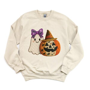 Simply Sage Market ���f�B�[�X �g�b�v�X T�V���c �v�����g �p�b�`���[�N �X�E�F�b�g Simply Sage Market Ghost and Pumpkin Patchwork Print - Womensweatshirt Dust
