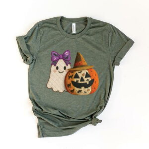 Simply Sage Market ���f�B�[�X �g�b�v�X T�V���c �v�����g �p�b�`���[�N Simply Sage Market Ghost and Pumpkin Patchwork Print - Womenshort Sleeve Tee Army Green �O���[��