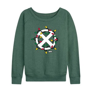 yz }[x fB[X TVc gbvX Women's Marvel X-Men Logo Christmas Lights French Terry Long Sleeve Tee Heather Juniper