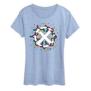 yz CZX LN^[ fB[X TVc gbvX Women's X-Men Logo Christmas Lights Graphic Tee Heather Chambray Blue