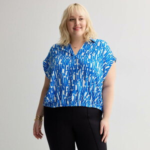 �i�C���E�F�X�g ���f�B�[�X �g�b�v�X �V���c �v���X�T�C�Y Plusize Nine West Dolman Surplice Shirt Blue Mid Abstract �u���[
