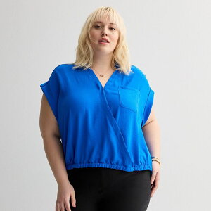�i�C���E�F�X�g ���f�B�[�X �g�b�v�X �V���c �v���X�T�C�Y Plusize Nine West Dolman Surplice Shirt Santorini Blue �u���[