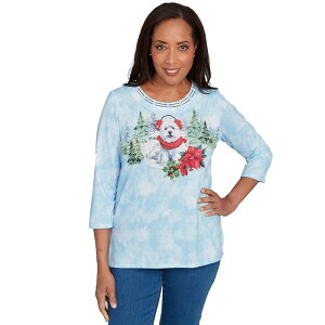 yz Atbh _i[ fB[X TVc gbvX Petite Alfred Dunner Holiday Dog in Earmuffs Graphic Top Light Blue