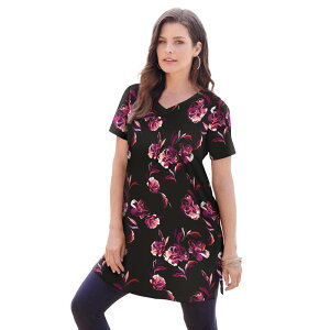 ���A�}���Y ���f�B�[�X �g�b�v�X T�V���c V�l�b�N �v���X�T�C�Y �R�b�g�� Roaman's Women's Plusize Plusize Cotton Short Sleeve V-Neck Ultimate Tunic Black Open Floral �u���b�N