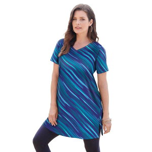 ���A�}���Y ���f�B�[�X �g�b�v�X T�V���c V�l�b�N �v���X�T�C�Y �R�b�g�� Roaman's Women's Plusize Plusize Cotton Short Sleeve V-Neck Ultimate Tunic Navy Bias Texture �l�C�r�[