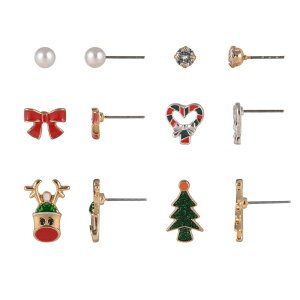 Aufbh fB[X ANZT[ sAXECO Unbranded Gold Tone 6-Pair Christmas Tree Reindeer Bow & Candy Cane Stud Earring Set Multi }`J[