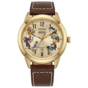 yz V`Y Y rv ANZT[ Disney's Mickey Mouse & Friends Men's Leather Strap Watch by Citizen Gold