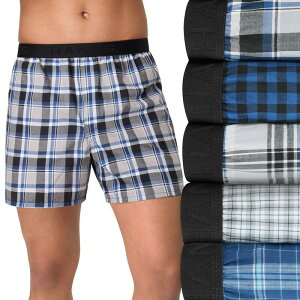 yz wCY Y {NT[pc A_[EFA Men's Hanes 5-Pack Core Assorted Plaid Woven 6-Inch Boxer Underwear Blue Black Print