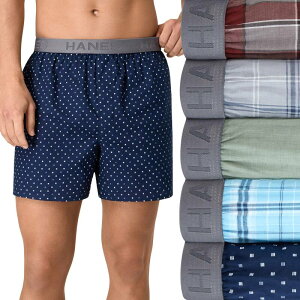 yz wCY Y {NT[pc A_[EFA Men's Hanes 5-Pack Core Assorted Woven 6-Inch Boxer Underwear Red Blue Print