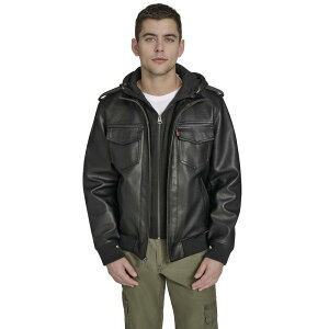 ���[�o�C�X �����Y �A�E�^�[ �W���P�b�g�E�u���]�� ���U�[ �t�F�C�N���U�[ Men's Levi's Faux Leather Hoody Racer Bomber Jacket Black �u���b�N