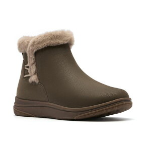 yz N[NX fB[X u[cECu[c V[Y Clarks Cloudsteppers Breeze Faux Fur Women's Slip-On Ankle Boots Dark Olive Textile