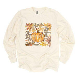 Simply Sage Market ���f�B�[�X �g�b�v�X T�V���c �O���t�B�b�N Simply Sage Market Fall Flowers And Pumpkin - Women's Garment Dyed Long Sleeve Graphic T-Shirt Ivory �A�C�{���[