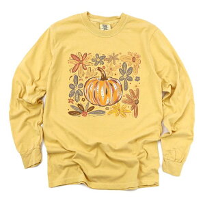 Simply Sage Market ���f�B�[�X �g�b�v�X T�V���c �O���t�B�b�N Simply Sage Market Fall Flowers And Pumpkin - Women's Garment Dyed Long Sleeve Graphic T-Shirt Mustard �}�X�^�[�h