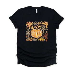 Simply Sage Market ���f�B�[�X �g�b�v�X T�V���c �O���t�B�b�N Simply Sage Market Fall Flowers And Pumpkin - Women'short Sleeve Graphic T-Shirt Black �u���b�N