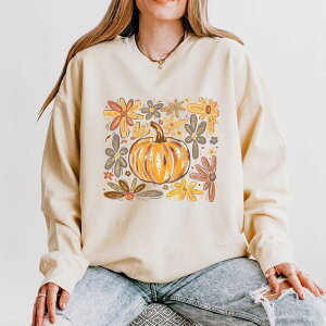 Simply Sage Market ���f�B�[�X �g�b�v�X T�V���c �X�E�F�b�g Simply Sage Market Fall Flowers And Pumpkin - Women's Lightweight Garment Dyed Sweatshirt Ivory �A�C�{���[