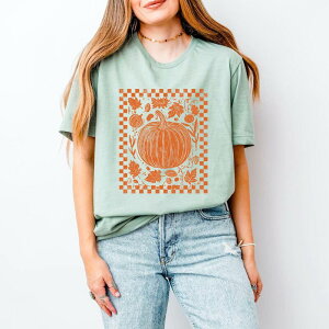 Simply Sage Market ���f�B�[�X �g�b�v�X T�V���c �O���t�B�b�N Simply Sage Market Pumpkin Checkeredistressed - Women'short Sleeve Graphic T-Shirt Sage �Z�[�W