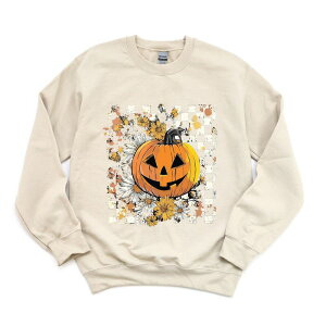 Simply Sage Market ���f�B�[�X �g�b�v�X T�V���c �t�����[�� �X�E�F�b�g �t�����[ Simply Sage Market Carved Pumpkin Checkered Floral - Womensweatshirt Dust �`�F�b�N